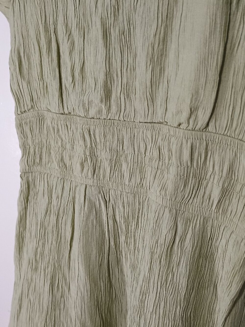 MINE Sage Green Crinkle Ruffle Sleeve Shirred Waist Mini Dress M - Picture 7 of 11